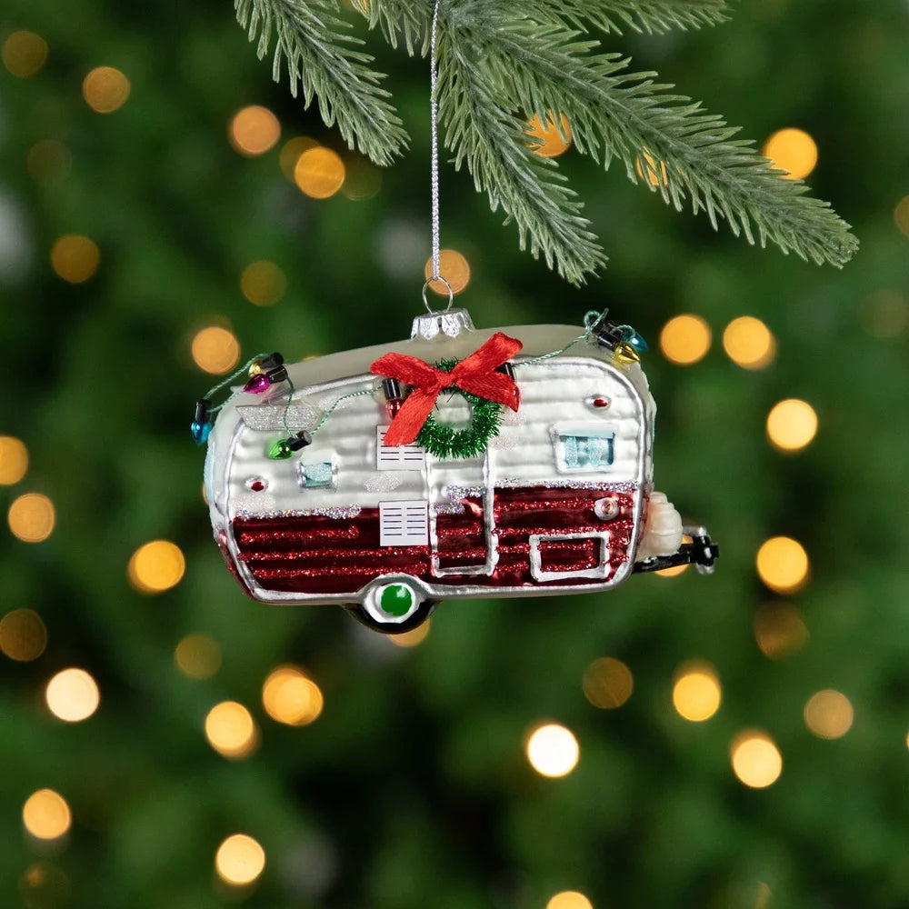 Vintage Glass Christmas Camper Ornament with Lights and Wreath Decorative Accent Indoor Gift Camping Enthusiasts 5 Inch