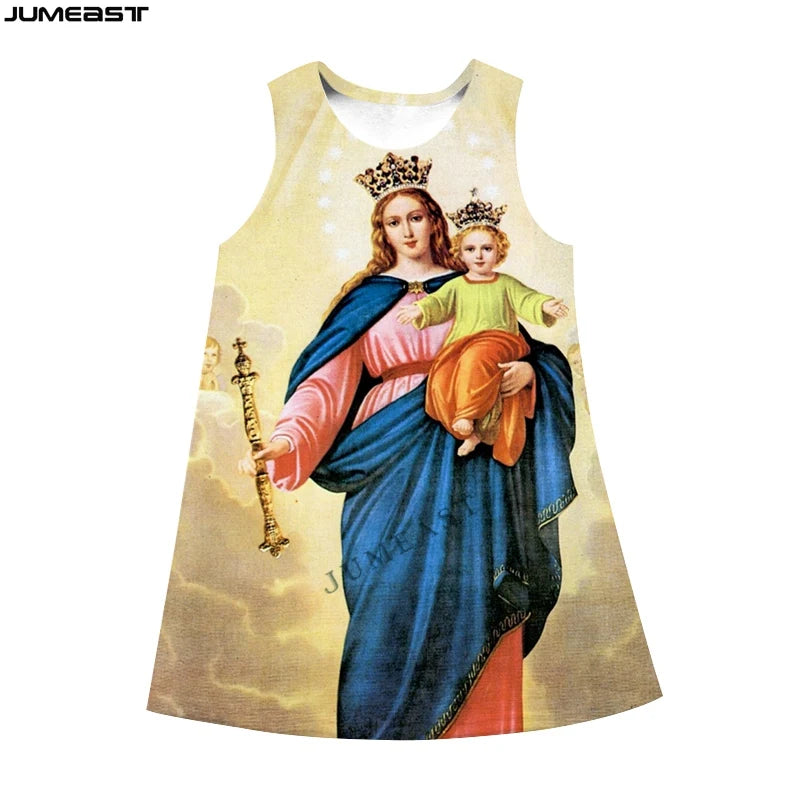 Jumeast 3D Virgin Mary Print Sleeveless Skirt Dress Christian Angel Graphic Summer Fashion Women's Nightdress Lolita Clothing