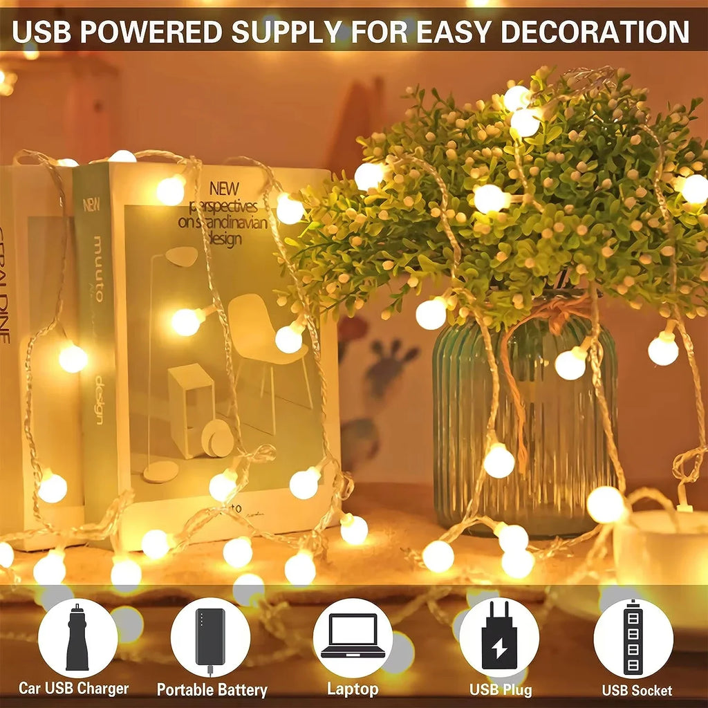 10M USB LED Globe String Lights Christmas Crystal Ball Fairy Lights IP65 Waterproof for Outdoor Garden Wedding Party Decorations