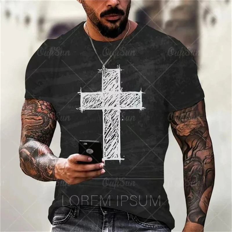 Christian Men Clothing T Shirts Oversized T-shirt Gothic Jesus Christ Cross 3D Print O-neck Tops Vintage Personality Unisex Tees