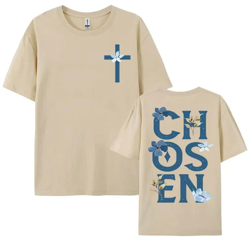 2025 Chosen Floral Aesthetic Bible Verse 100 Pure Cotton Printing T-shirts Trendy Christian Clothing Men's Fashion Retro Style