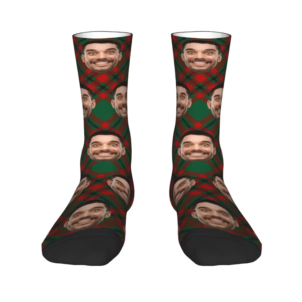 Personalized Christmas Gift Socks Custom Face Xmas Elements Stars Lights Red Unique for Friends Couple Family