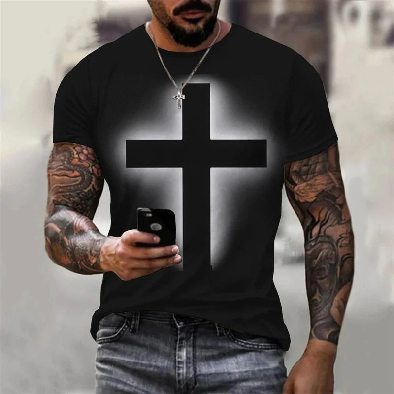 Christian Men Clothing T Shirts Oversized T-shirt Gothic Jesus Christ Cross 3D Print O-neck Tops Vintage Personality Unisex Tees