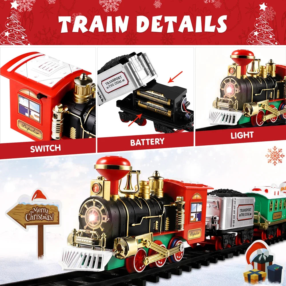 Christmas Train Set Festive Mini Locomotive Model with Lights Sound Water Steam Railway Kits Electric Tracks Toys Kids Gift