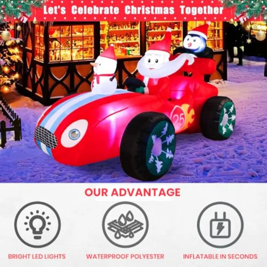 8FT Inflatable Christmas Decorations Outdoor Santa Race Car with Snowman Penguin LED Lighted Blow Up Xmas Inflatable Yard Decor