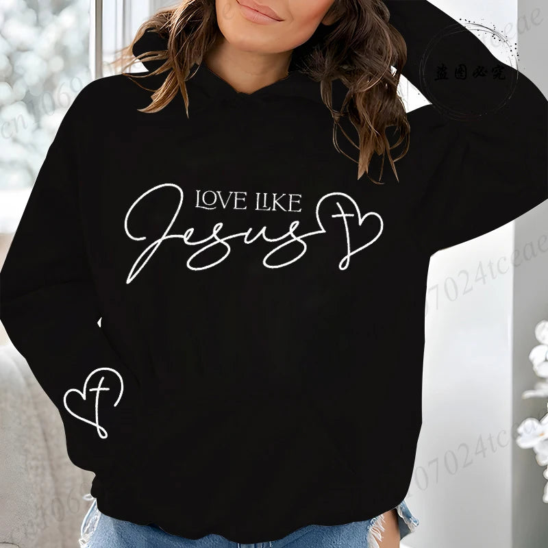 Casual Womens Hoodies Love Like Jesus Print Sweatshirts Sports Home Pullover Tops Street Christian Faith Design Woman Clothing