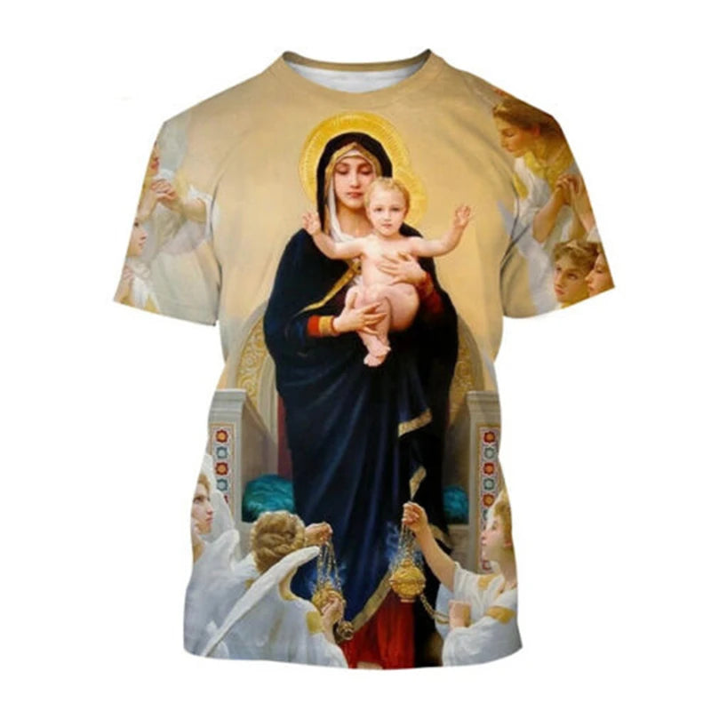 Virgin Mary T Shirt Goddess Of Mercy 3D Print T-Shirt Christian Blessed Jesus God T Shirts Womens Clothing Unisex Short Tops