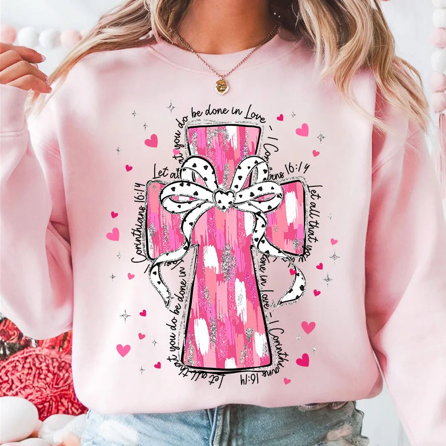 Christian Valentines Day Pink Cross Bible Verse Iron-On Heat Transfer Sticker Decals Patch T-shirts Sweatshirts Bags Clothing