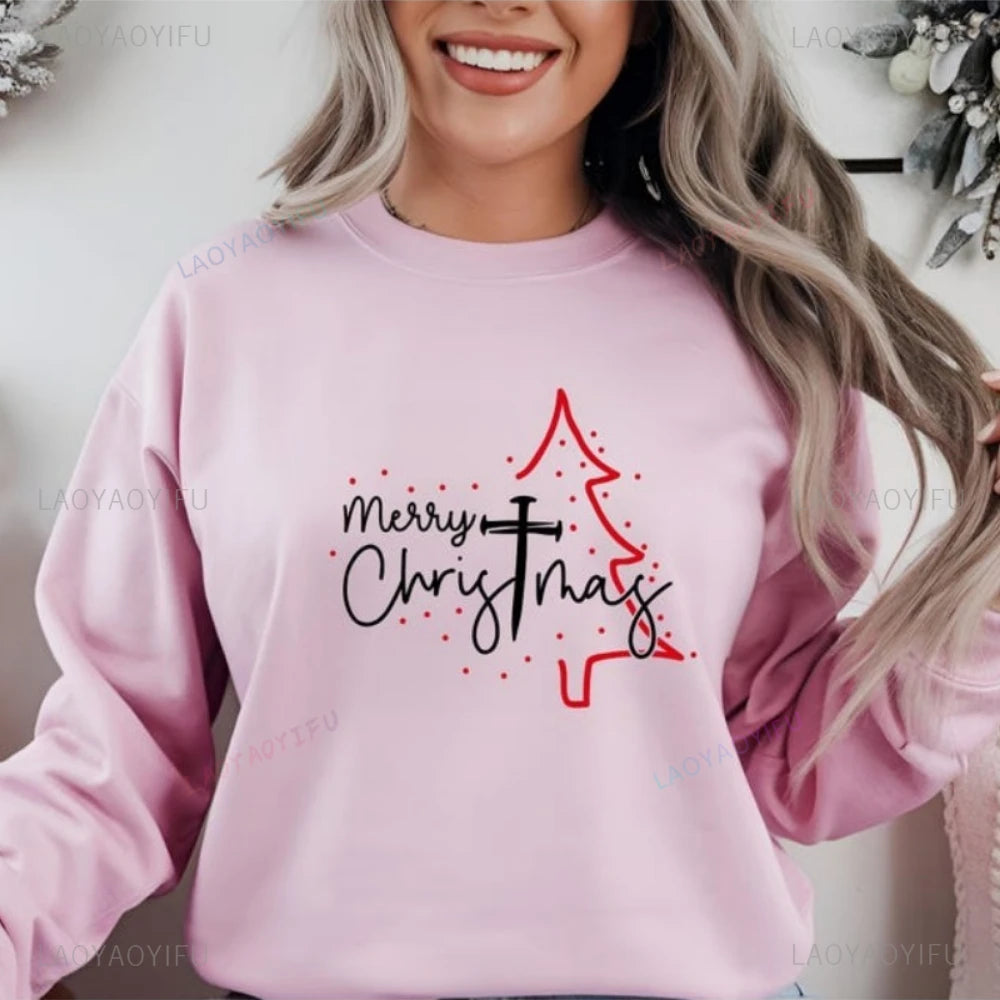 Merry Christmas Sweatshirt Christian Cross Tree Hoodie Religious Holiday Gift Faith Christmas Gift Hoodies Women Clothing