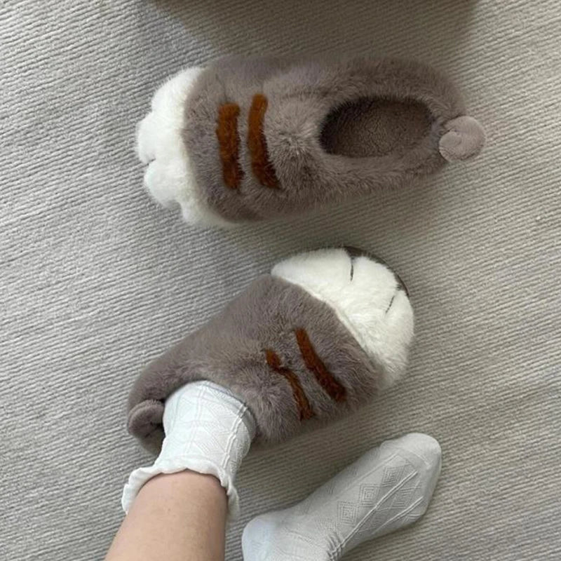 Fun fluffy cats feet slippers cute trend home shoes woman snug kitty paw furry slides women's Christmas slippers birthday gifts