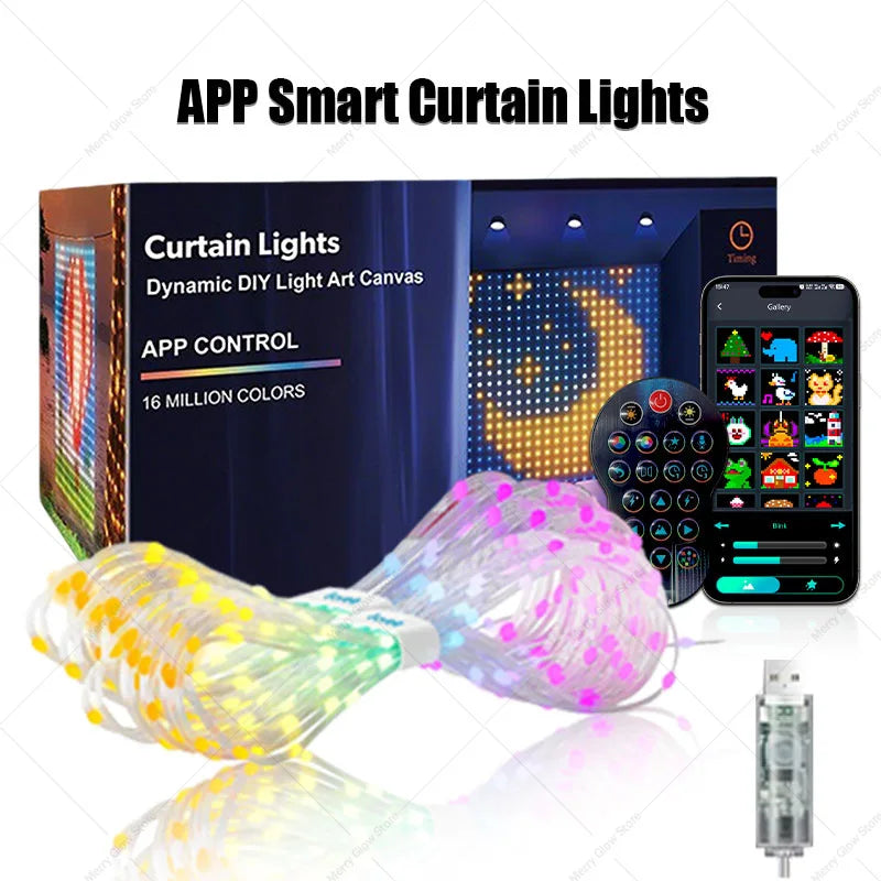 Smart RGB Curtain Light String USB Plug Remote Control LED Curtain Light APP Bluetooth Control String Lights for Room Decoration