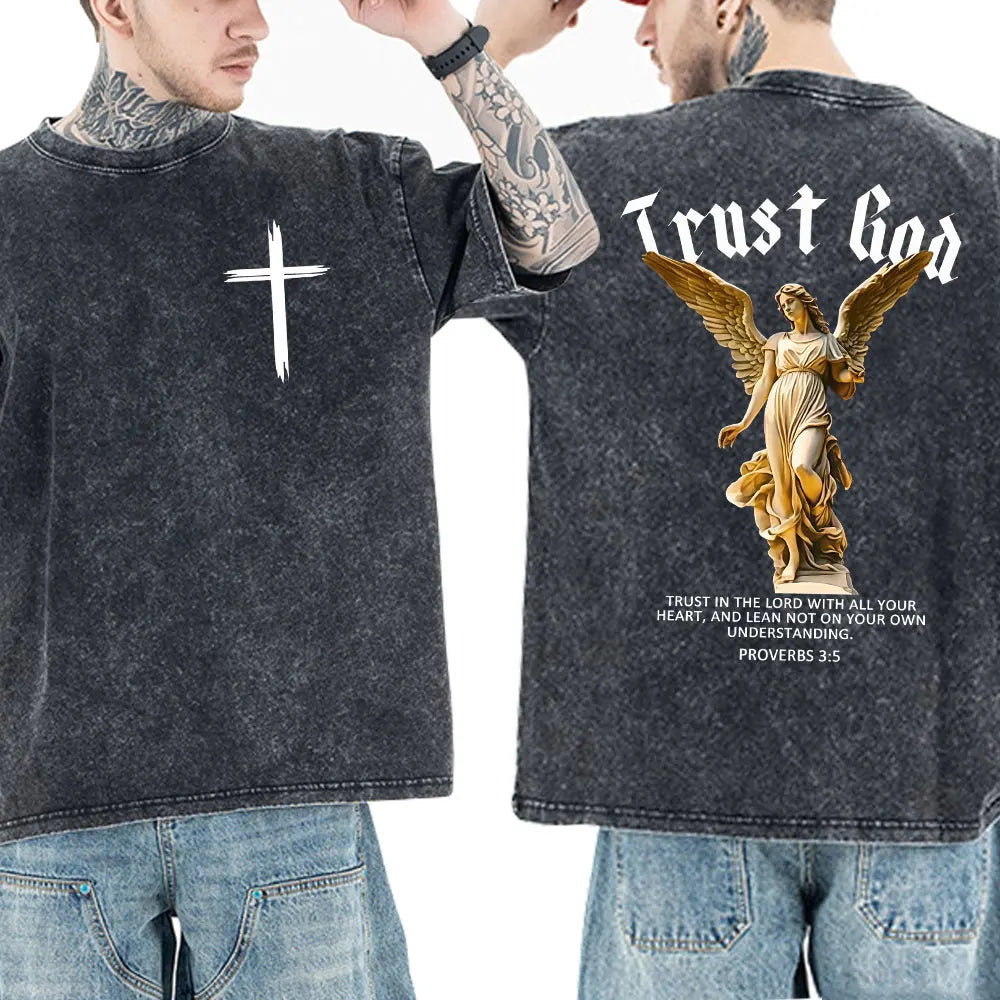Washed Vintage Christian Jesus Bible Verse T-shirts Men Women Clothing Fashion Harajuku Cotton Short Sleeves Oversized T Shirts