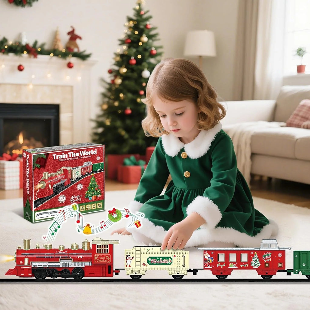 Electric Train Toys w/Locomotive Cars & Tracks for Under Christmas Tree Toddler Model Train Set w/Light & Sound Christmas Gifts