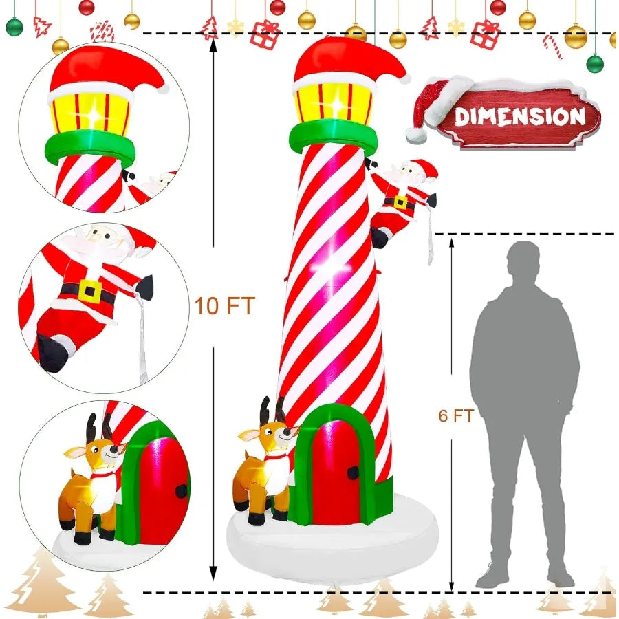 10FT Christmas Inflatable Decoration Giant Lighted Lighthouse Blowups with Santa and Reindeer AirBlown Ornaments with Storage B