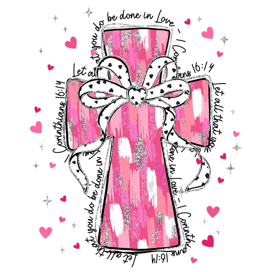 Christian Valentines Day Pink Cross Bible Verse Iron-On Heat Transfer Sticker Decals Patch T-shirts Sweatshirts Bags Clothing