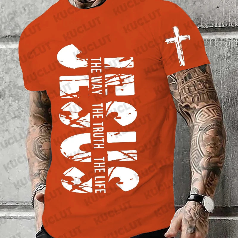 Loose Men T-shirt Summer Jesus The Way The Truth The Life Print T Shirt Christian Bible  Retro Design Men Street Tee Clothing