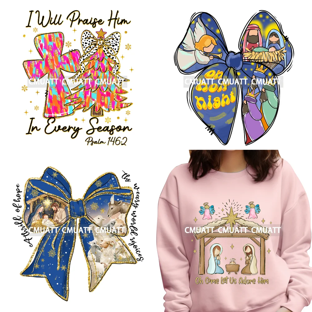 Coquette Jesus Glory To God In The Highest Christian Merry And Bright Christmas DTF Heat Transfer Stickers Iron On For Clothing