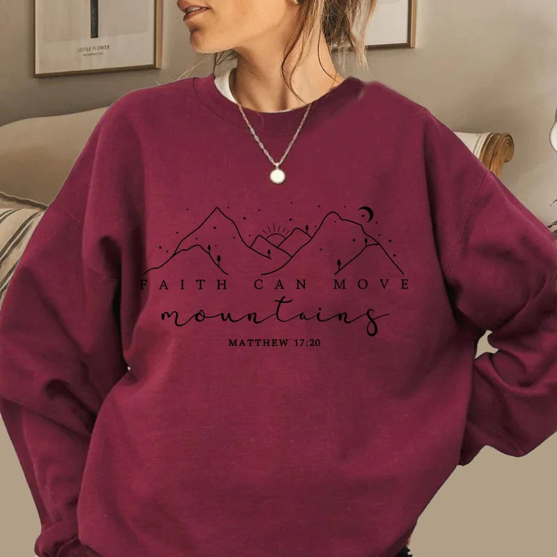 Faith Can Move Mountains Sweatshirt Christian Jesus Hoodie Bible Verse Crewneck Sweatshirts Pullover Hoodie Women's Clothing