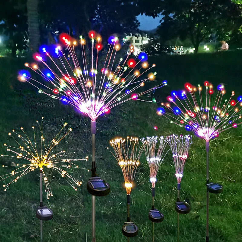 New LED Solar Ground Mounted Fireworks Lights Outdoor Waterproof Holiday Garden Decoration Dandelion Atmosphere Lawn Lights