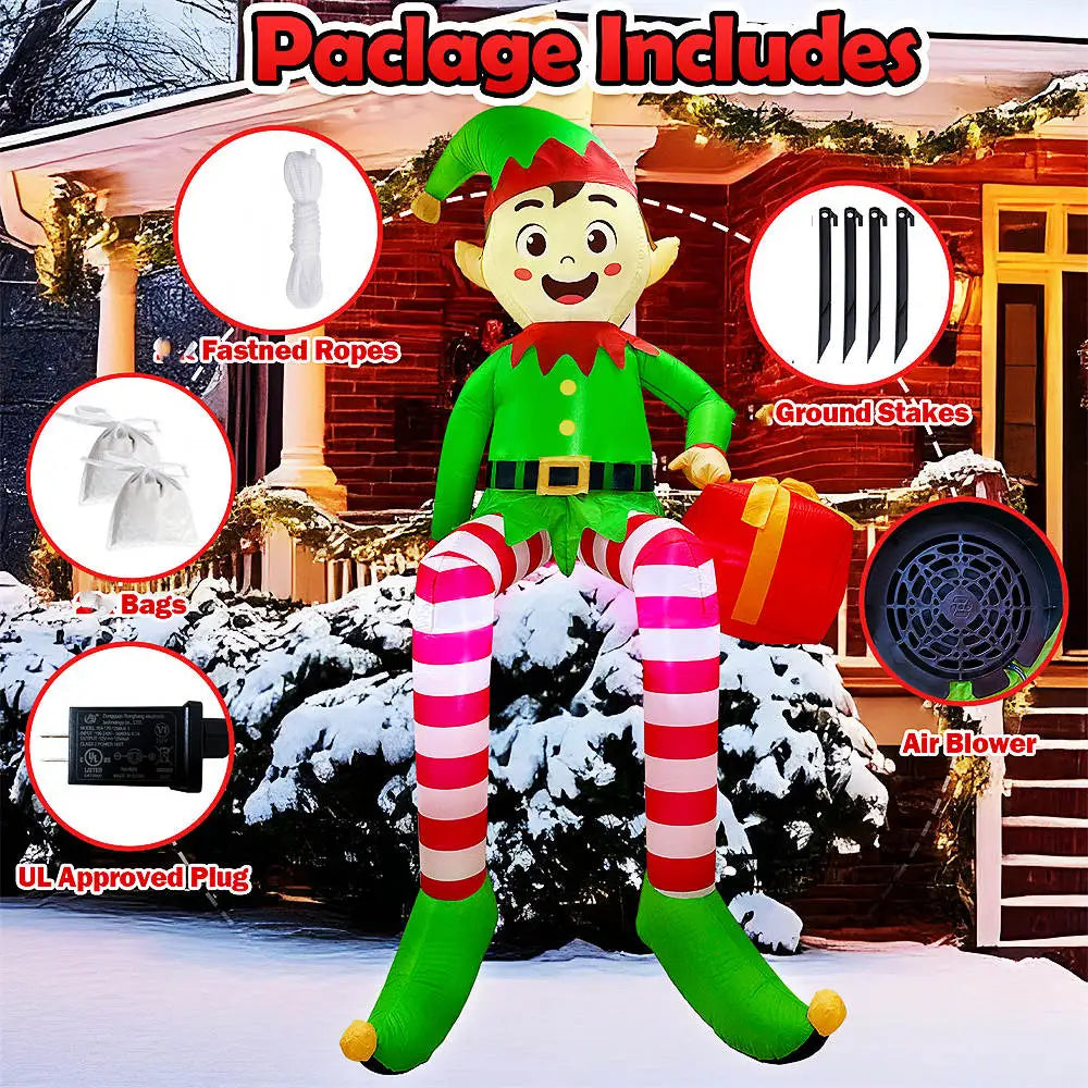 8FT/2.4M Christmas Inflatables Sitting Elf Outdoor Decorations with LED Lights for Xmas Outdoor Yard Garden Party Decor Gifts
