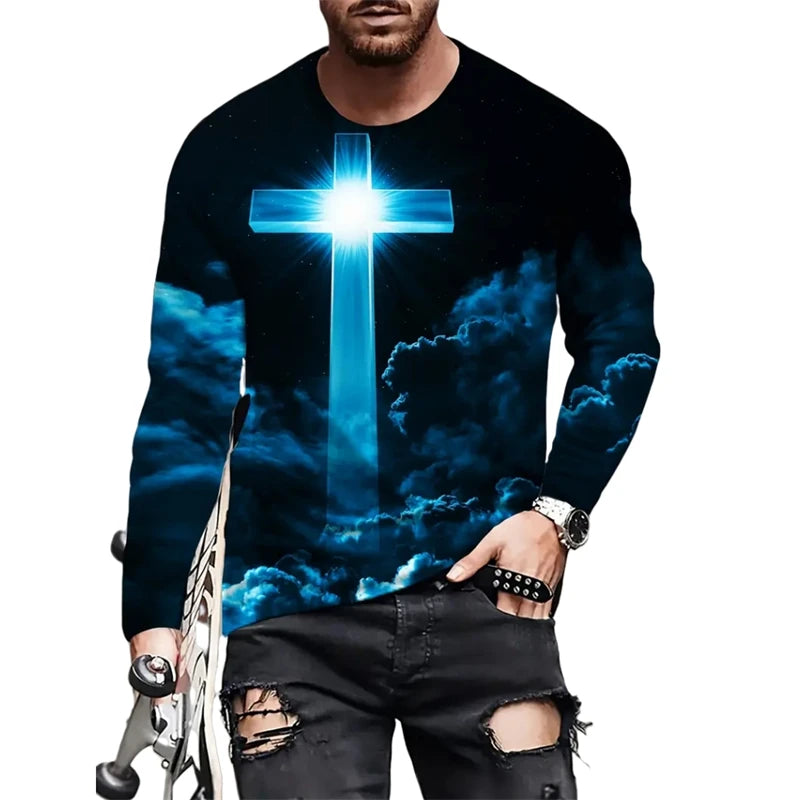 Men's T-shirt Christian Letter Pattern Jesus Retro Long Sleeve Round Neck T-shirt 3D Printed T-shirt Sports Men's Clothing