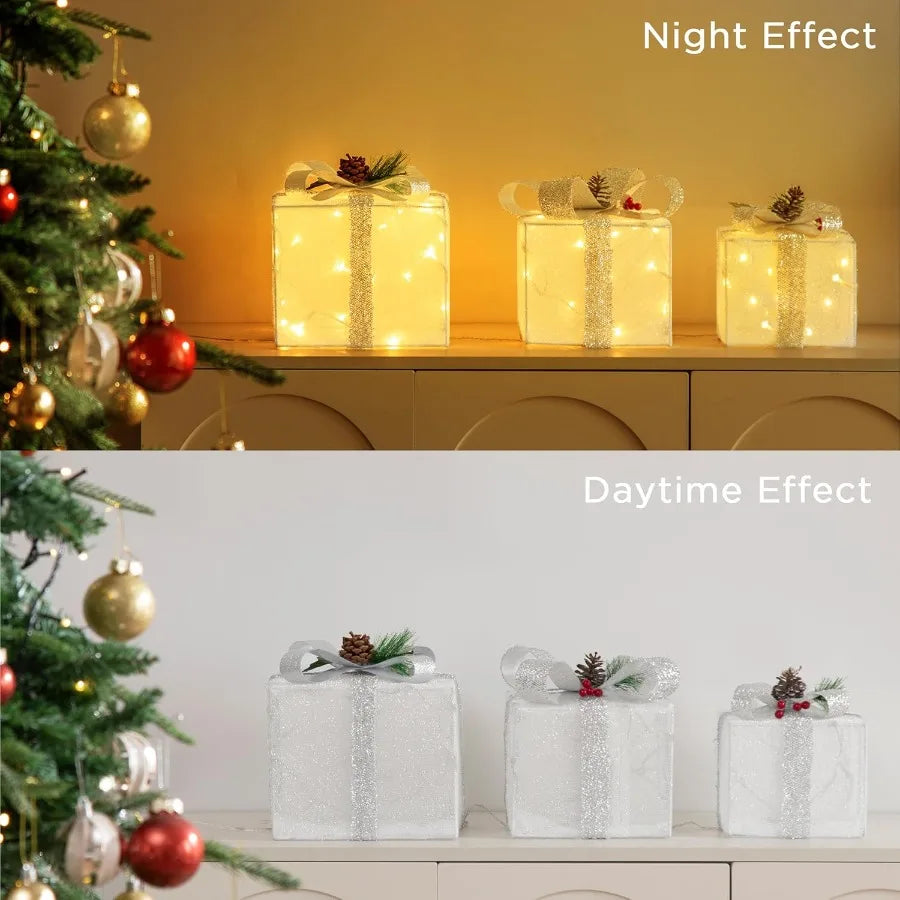 Set of 3 Plugin Christmas Lighted Gift Boxes Prelit 60 LED Light Up Decorations for Outdoor and Indoor Use Perfect for Porch Ya