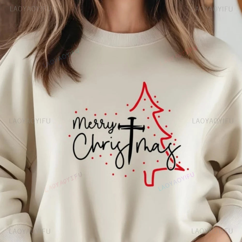 Merry Christmas Sweatshirt Christian Cross Tree Hoodie Religious Holiday Gift Faith Christmas Gift Hoodies Women Clothing