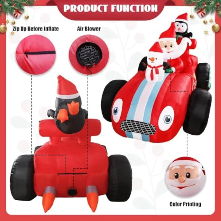 8FT Inflatable Christmas Decorations Outdoor Santa Race Car with Snowman Penguin LED Lighted Blow Up Xmas Inflatable Yard Decor