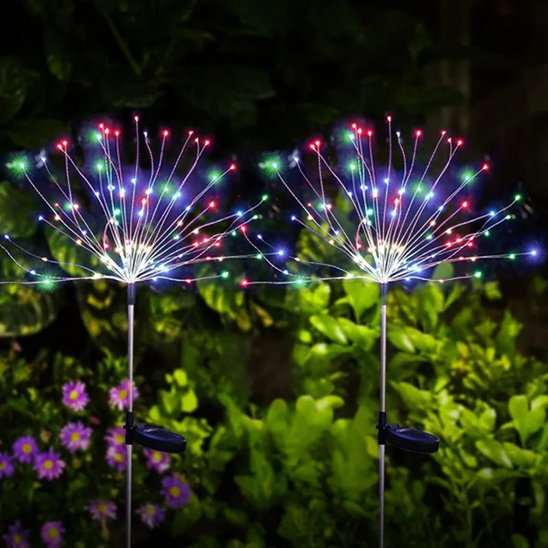 New LED Solar Ground Mounted Fireworks Lights Outdoor Waterproof Holiday Garden Decoration Dandelion Atmosphere Lawn Lights