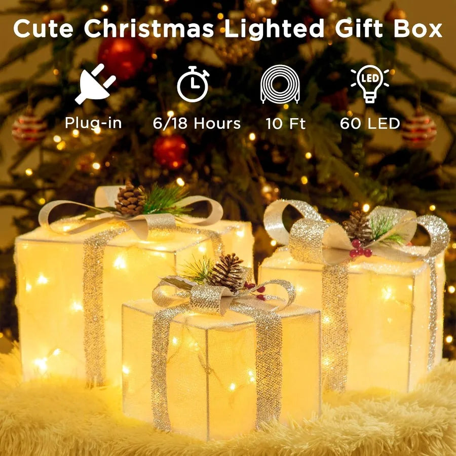 Set of 3 Plugin Christmas Lighted Gift Boxes Prelit 60 LED Light Up Decorations for Outdoor and Indoor Use Perfect for Porch Ya