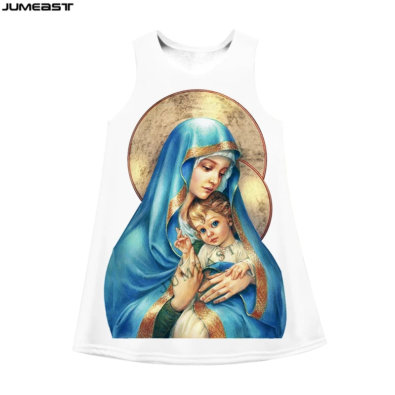 Jumeast 3D Virgin Mary Print Sleeveless Skirt Dress Christian Angel Graphic Summer Fashion Women's Nightdress Lolita Clothing