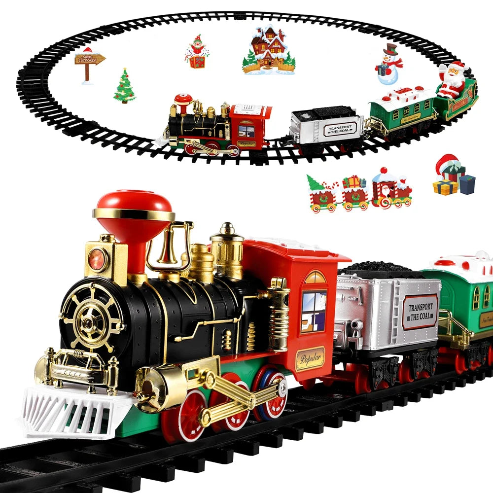 Christmas Train Set Festive Mini Locomotive Model with Lights Sound Water Steam Railway Kits Electric Tracks Toys Kids Gift