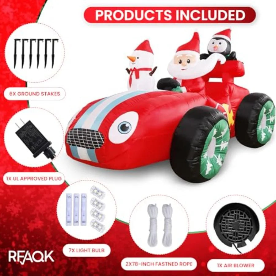 8FT Inflatable Christmas Decorations Outdoor Santa Race Car with Snowman Penguin LED Lighted Blow Up Xmas Inflatable Yard Decor