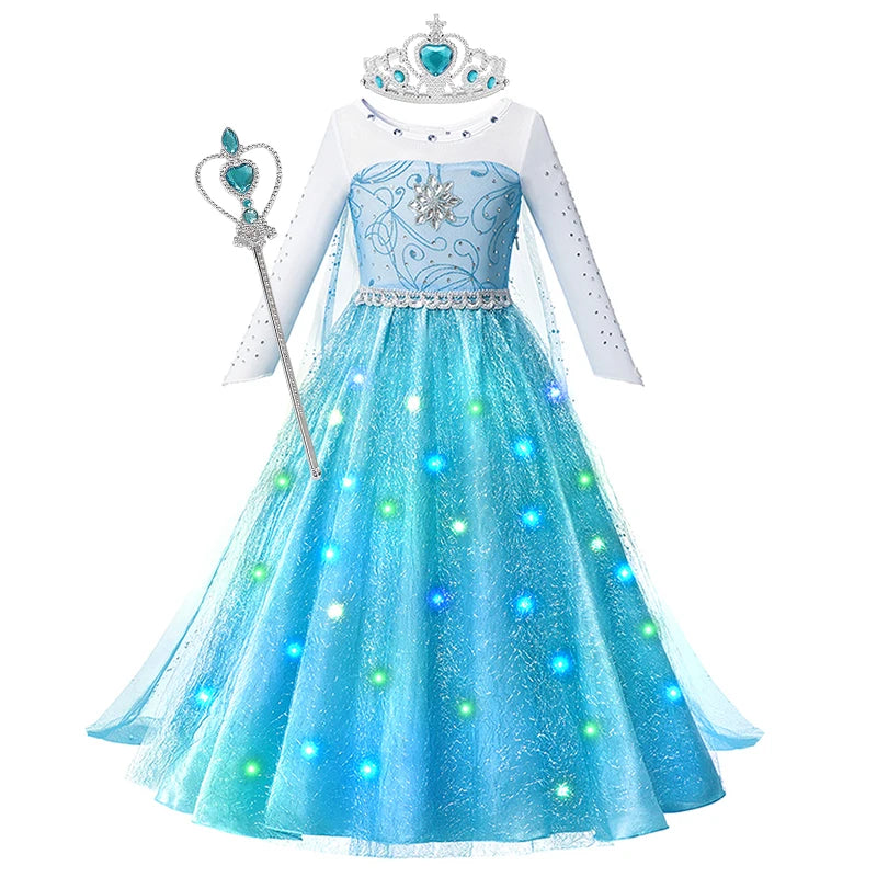 LED Light Up Elsa Dresses for Girls Kids Carnival Christmas Party Gown Childrens Cosplay Party Clothes Girls Long Sleeve Dresses