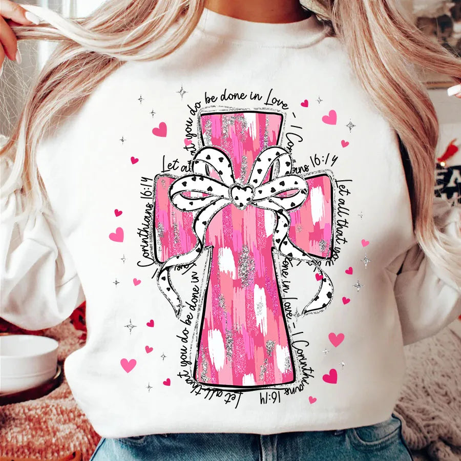 Christian Valentines Day Pink Cross Bible Verse Iron-On Heat Transfer Sticker Decals Patch T-shirts Sweatshirts Bags Clothing