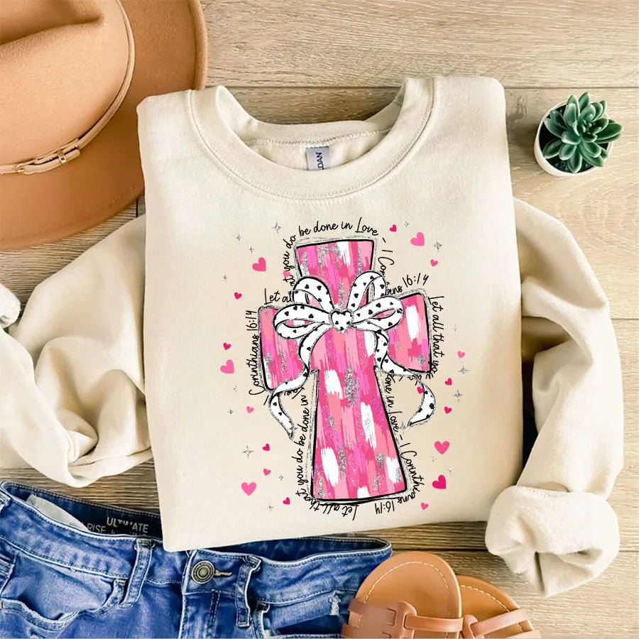 Christian Valentines Day Pink Cross Bible Verse Iron-On Heat Transfer Sticker Decals Patch T-shirts Sweatshirts Bags Clothing