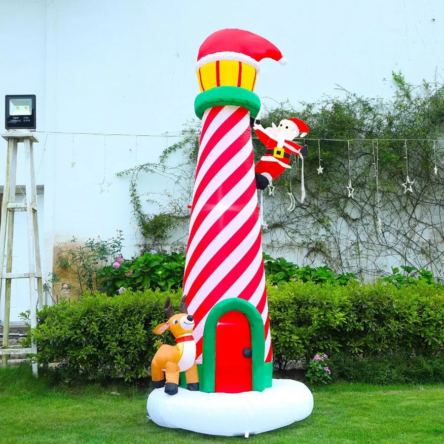 10FT Christmas Inflatable Decoration Giant Lighted Lighthouse Blowups with Santa and Reindeer AirBlown Ornaments with Storage B