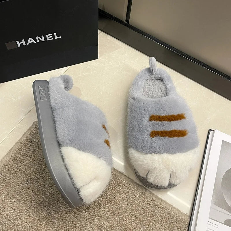 Fun fluffy cats feet slippers cute trend home shoes woman snug kitty paw furry slides women's Christmas slippers birthday gifts