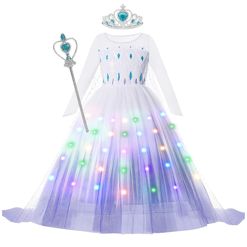 LED Light Up Elsa Dresses for Girls Kids Carnival Christmas Party Gown Childrens Cosplay Party Clothes Girls Long Sleeve Dresses