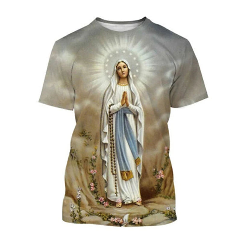 Virgin Mary T Shirt Goddess Of Mercy 3D Print T-Shirt Christian Blessed Jesus God T Shirts Womens Clothing Unisex Short Tops