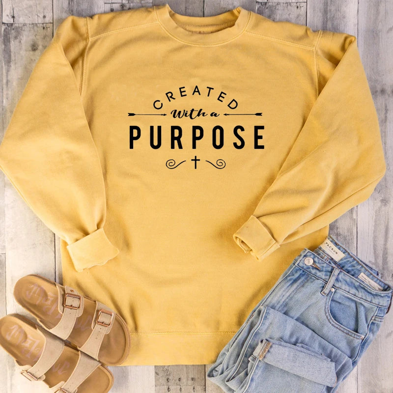 Spring Created with A Purpose Sweatshirt Funny Cotton O-Neck Fashion Clothing Hoodies 100% Cotton Christian Faith Jumper Tops