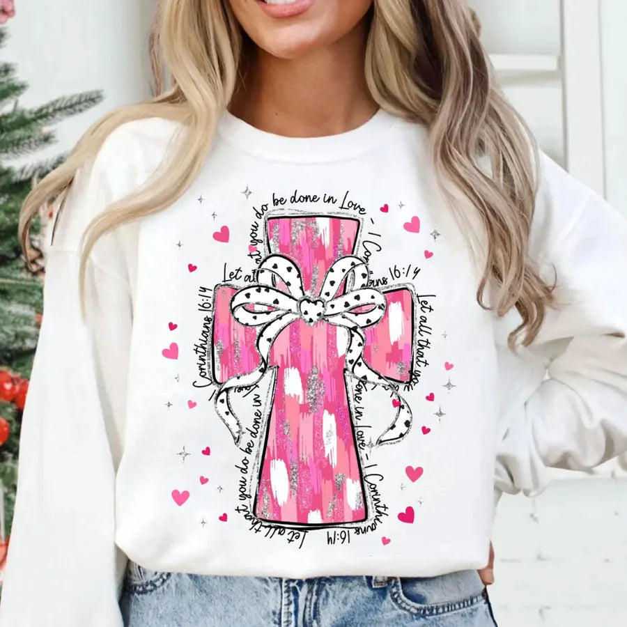 Christian Valentines Day Pink Cross Bible Verse Iron-On Heat Transfer Sticker Decals Patch T-shirts Sweatshirts Bags Clothing