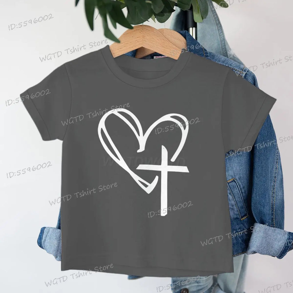 Children's Clothing Christian Heart Cross Glowing T-shirt Jesus Heart Cross Clothes Child Girl Boy Luminous Harajuku Kids Tops