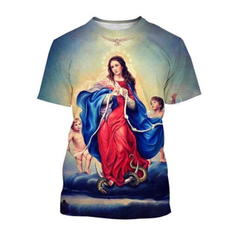 Virgin Mary T Shirt Goddess Of Mercy 3D Print T-Shirt Christian Blessed Jesus God T Shirts Womens Clothing Unisex Short Tops