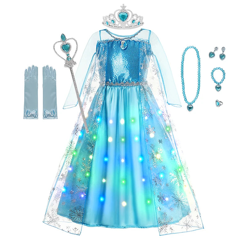 LED Light Up Elsa Dresses for Girls Kids Carnival Christmas Party Gown Childrens Cosplay Party Clothes Girls Long Sleeve Dresses