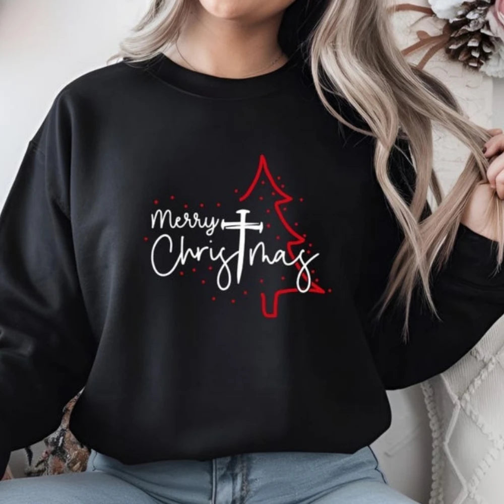 Merry Christmas Sweatshirt Christian Cross Tree Hoodie Religious Holiday Gift Faith Christmas Gift Hoodies Women Clothing