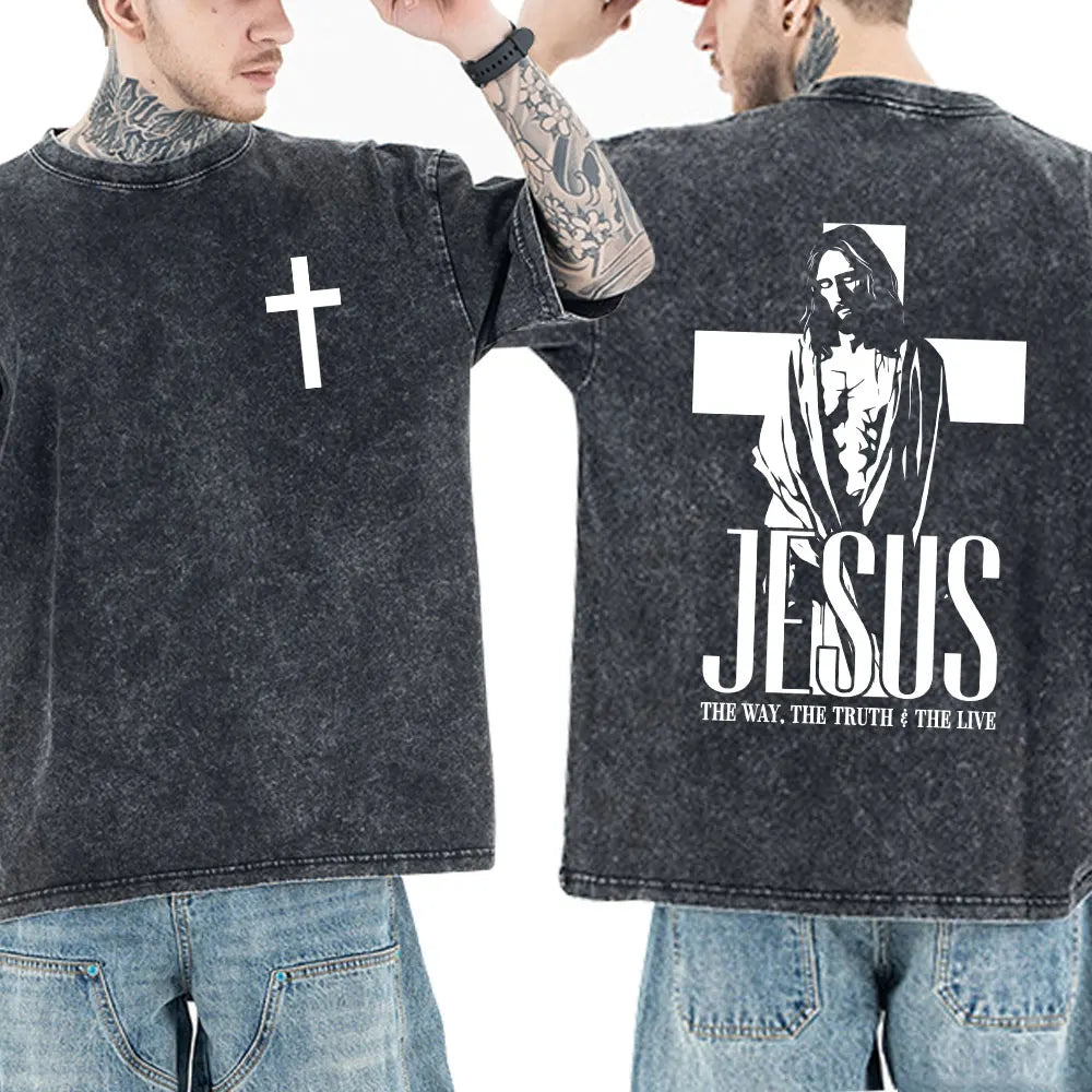 Christian Jesus Faith Bible Verse Washed T-shirts Men Women Clothing Fashion Vintage Oversized T Shirts Casual Cotton T-shirt