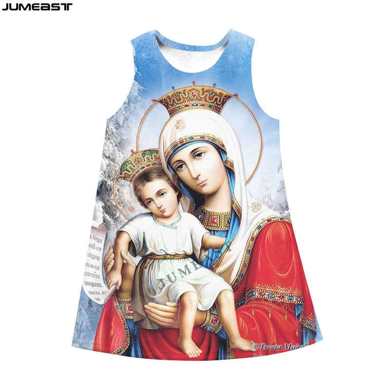 Jumeast 3D Virgin Mary Print Sleeveless Skirt Dress Christian Angel Graphic Summer Fashion Women's Nightdress Lolita Clothing