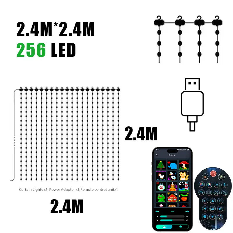 Smart RGB Curtain Light String USB Plug Remote Control LED Curtain Light APP Bluetooth Control String Lights for Room Decoration