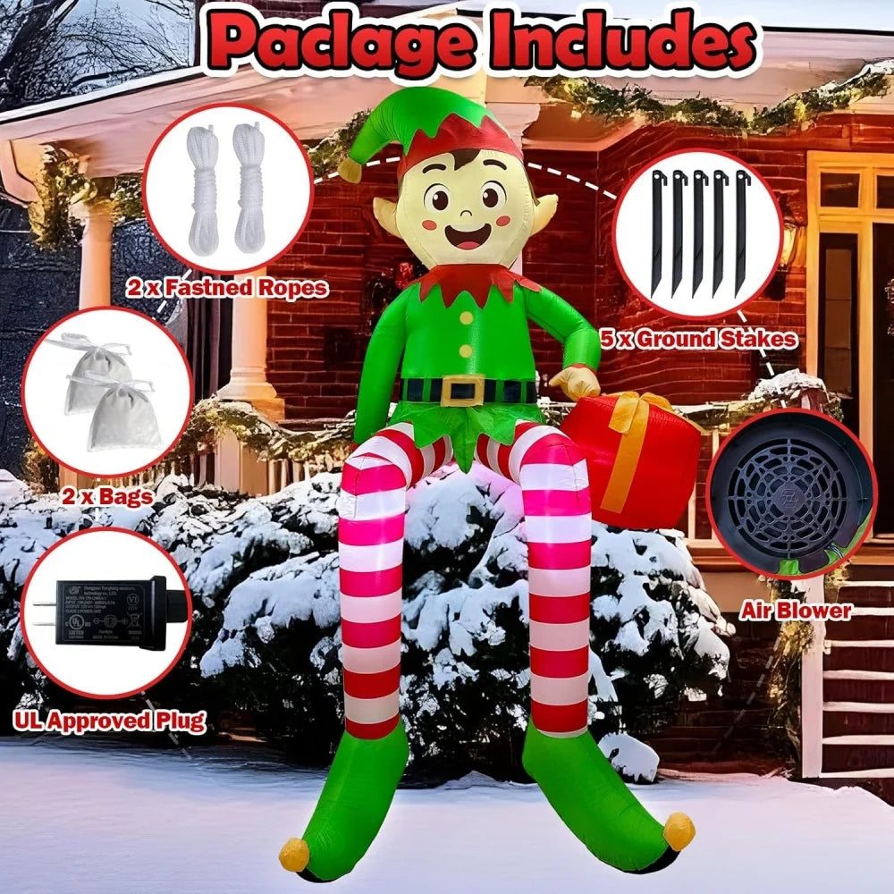 8FT Christmas Inflatables Sitting Elf Decoration LED Lights Kids Christmas Inflatable Toys Outdoor Courtyard Garden Decor Gifts